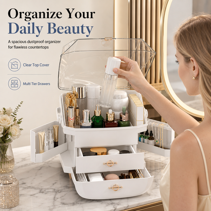 Large Capacity Dustproof Plastic Makeup Organizer Desktop Cosmetics Storage Box for Bedroom
