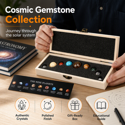 🌌 Natural Crystal Spheres Solar System Planets Set with Wooden Gift Box Mineral Specimens for Science Education Desk Decor