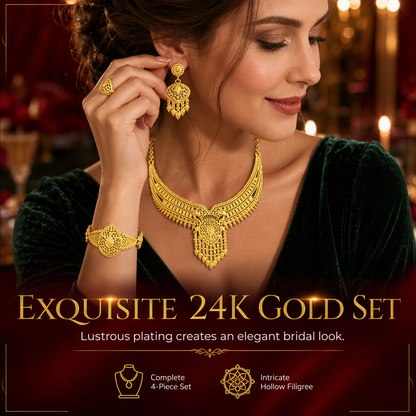 ⏳ OFFRE LIMITÉE −50% ! ⏰ Parure de Bijoux de Mariée Plaquée Or 24K | Style Dubaï & Indien | Collier, Bracelet, Bague & Boucles d’Oreilles pour Femme💩💍📿