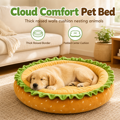 🍔 Corbeille pour Chien en Forme de Hamburger 🐾 – Coussin Rond Douillet Toutes Saisons, 35 & 50 cm