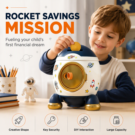 🚀 −50% ! ✨ Tirelire Fusée pour Enfants – Grande Capacité, Incassable, Trappe à Clé & Fente Large pour Pièces – Coque Anti-Chute & Autocollants 🪙