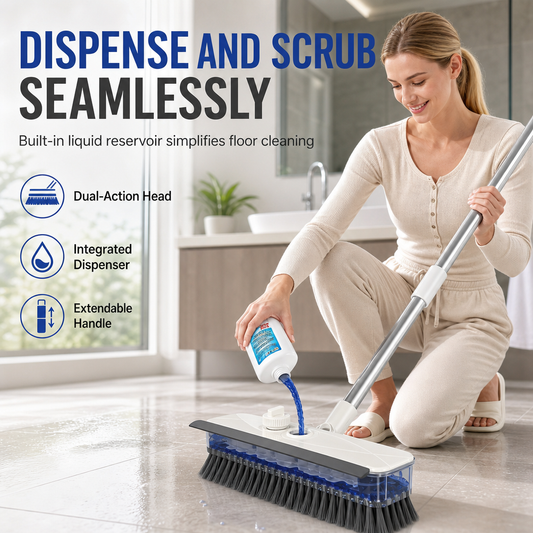 🧹✨ Brosse de sol 4-en-1 avec distributeur de liquide : -50 % ! Brossage, grattoir, raclette et pince, long manche et poils rigides pour nettoyer tous les sols en profondeur 💪