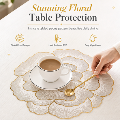 ⏳ Offre limitée : -50 % ⏰ Set de table en PVC à motif pivoine métallisé de style nordique | Résistant à la chaleur, antidérapant et imperméable 🍽️💛🌹