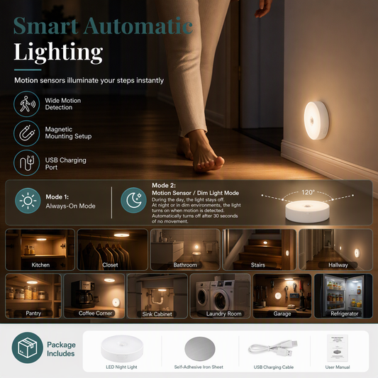 📢📢50% DE RÉDUCTION !! ⏰Veilleuse LED Sans Fil Rechargeable avec Détecteur de Mouvement et Mode Continu pour Placard et Couloir