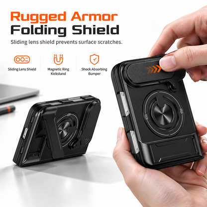📱 Coque renforcée pour téléphone pliable : cache coulissant pour objectifs, double béquille, fixation magnétique et protection antichoc