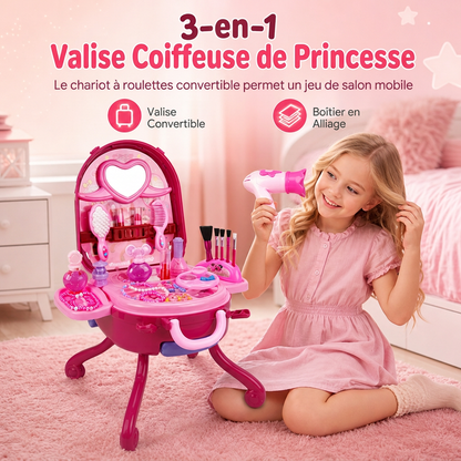 👑 Offre limitée : -50 % ! 🎀 Valise coiffeuse de maquillage factice 3-en-1 pour enfants, salon de beauté à roulettes, 31 accessoires de jeu et montage facile par clipsage 🧳